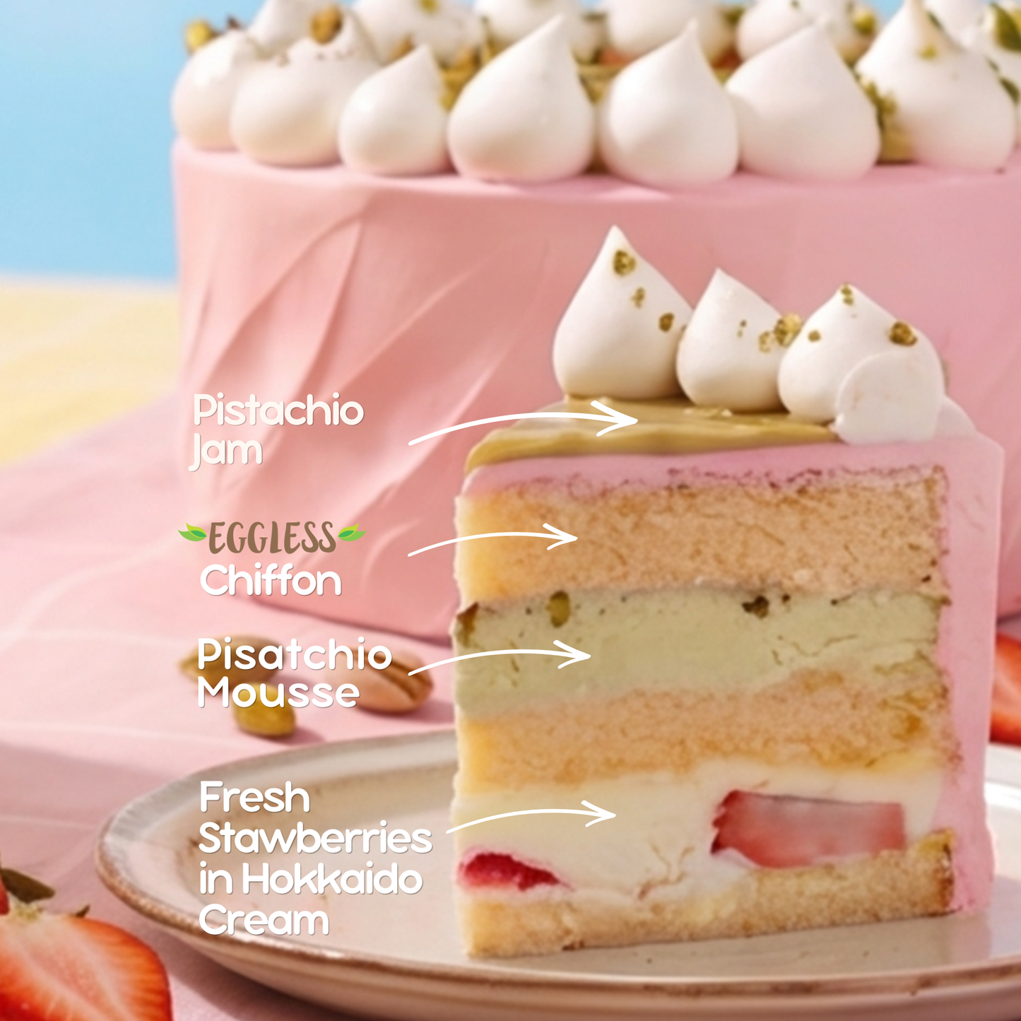 Eggless Strawberry Pistachio Cake (Next Day)